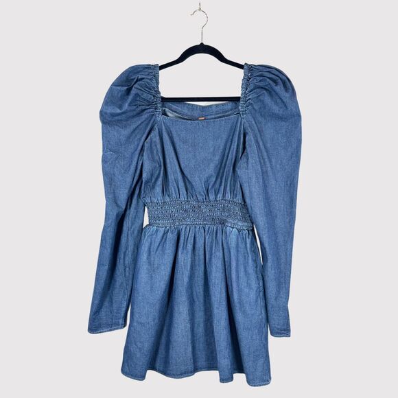 Free People Womens Dress Molly Mini Chambray Puff Sleeve Smocked A Line Large - Picture 2 of 11